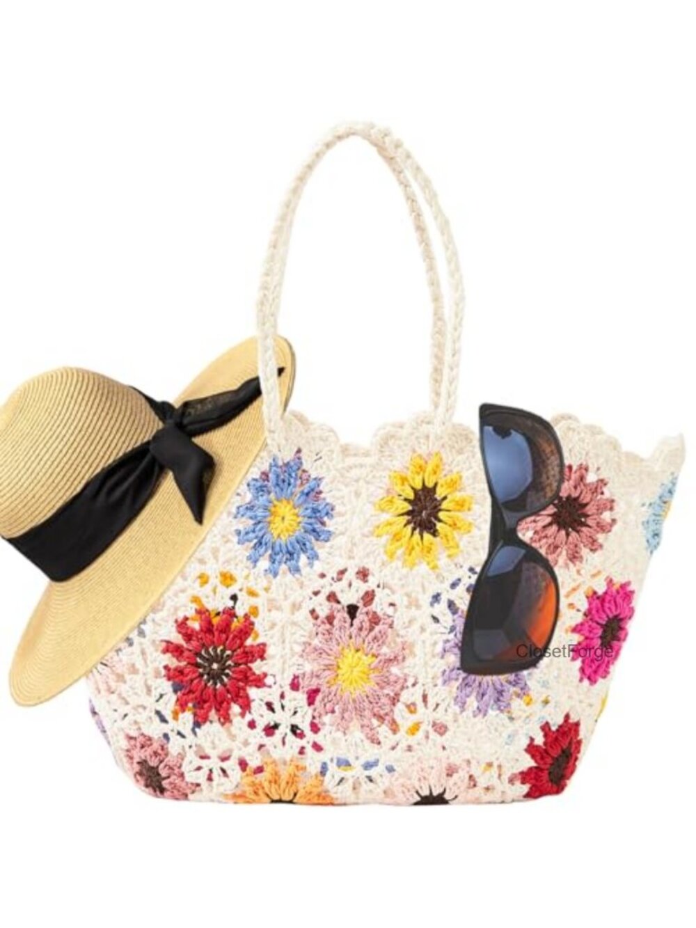 Straw Tote Bag with Floral Pattern - Large Beach Handbag Shoulder Bag